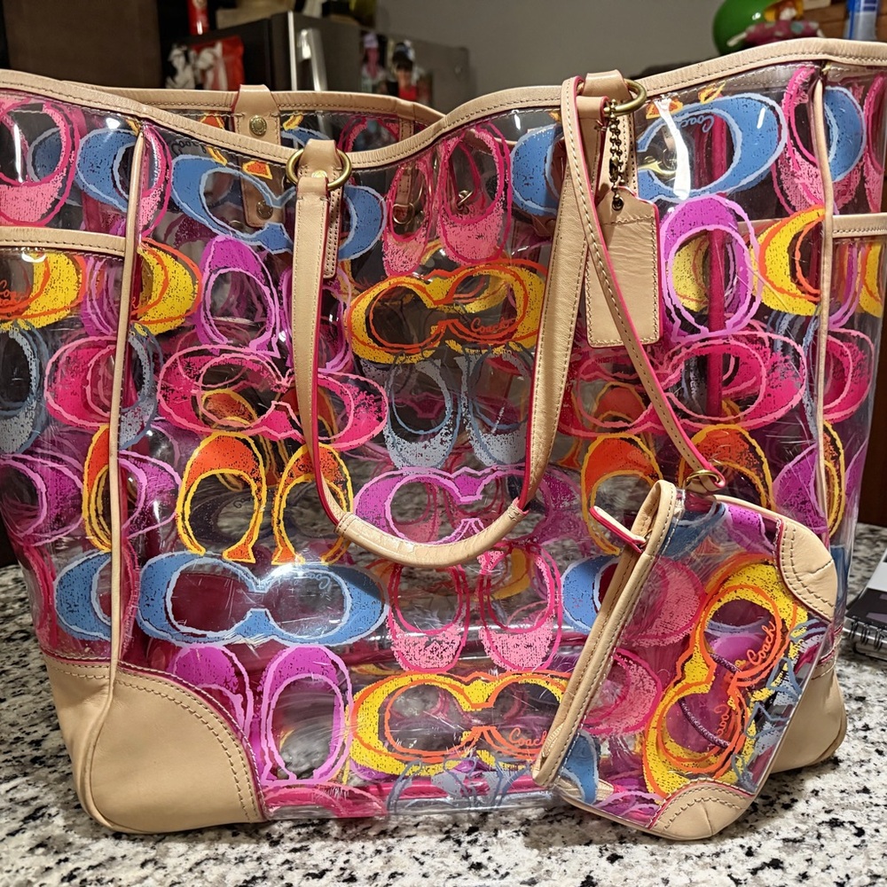 Coach Multicolor Signature Clear Tote with Beige Trim